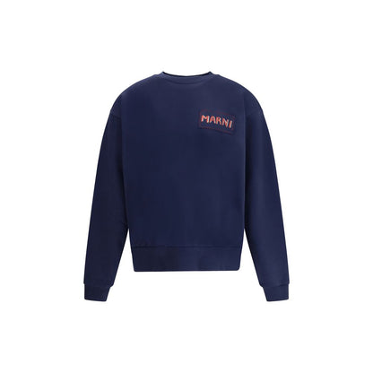 Alt Tag: Marni Blue Cotton Sweatshirt with logo patch on back, featuring ribbed crew neck, cuffs, and hem for comfort and style.