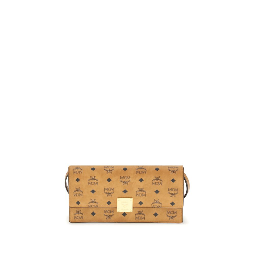 MCM Beige Fabric Wallet with Visetos pattern, featuring metallic logo, removable strap, and magnetic closure.