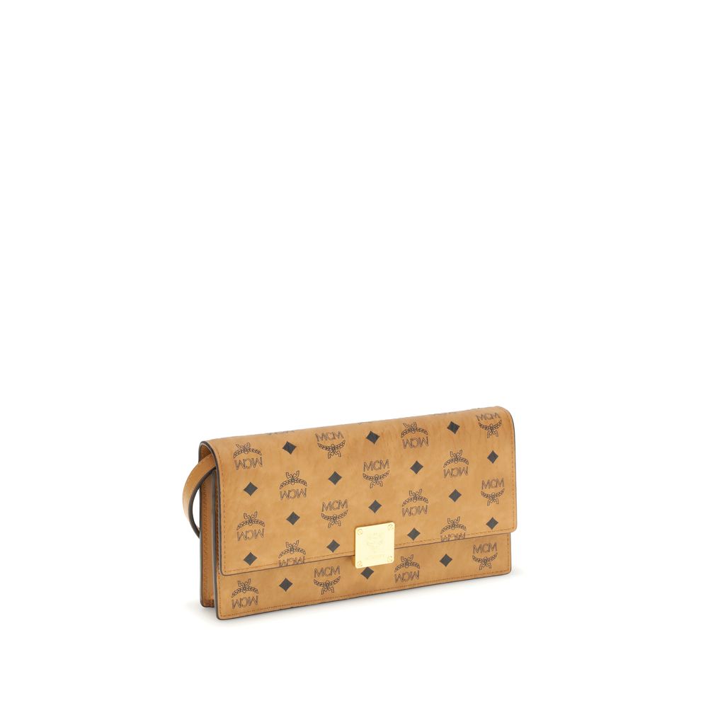 MCM Beige Fabric Wallet with Visetos pattern and metallic logo, removable strap, including inner pockets and card slots.