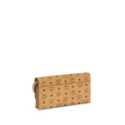 MCM Beige Fabric Wallet with Visetos pattern, featuring metallic logo, slit pocket, removable strap, and magnetic closure.