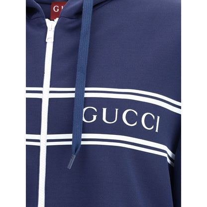 Gucci Blue Polyester Sweatshirt featuring striped print and logo with hood and drawstring details, perfect for stylish comfort.