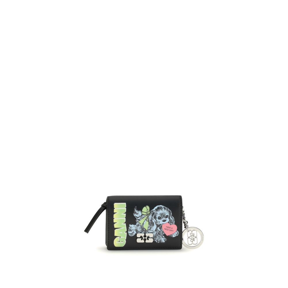 Ganni Black Recycled Leather Wallet with puppy print and butterfly logo, featuring a silver key ring and multiple compartments.