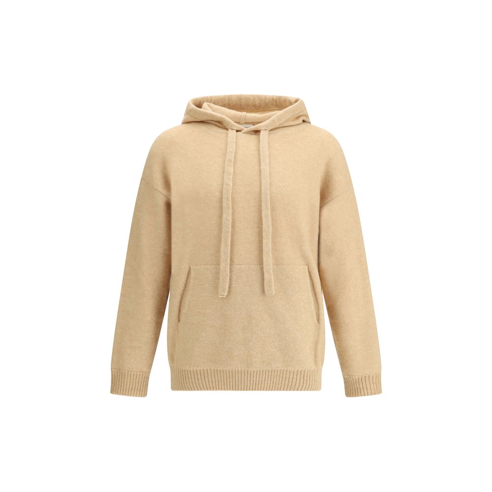 Laneus Beige Cashmere Hoodie with adjustable drawstring hood and ribbed hem, offering a soft, comfortable feel and casual elegance.
