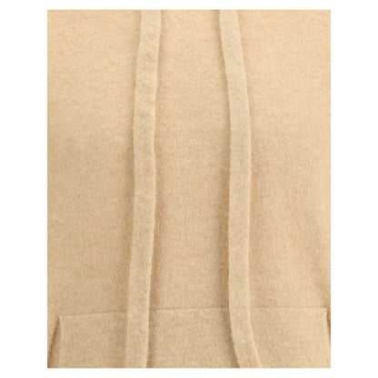 Close-up of Laneus Beige Cashmere Hoodie showing the soft cashmere fabric, adjustable drawstring hood, and pouch pocket.