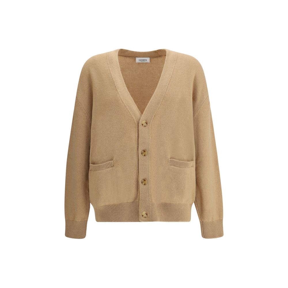 Laneus Beige Merino Wool Cardigan with deep V-neck, button closure, ribbed trim, two front welt pockets, and oversized, relaxed fit.