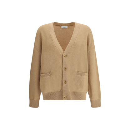 Laneus Beige Merino Wool Cardigan with deep V-neck, button closure, ribbed trim, two front welt pockets, and oversized, relaxed fit.