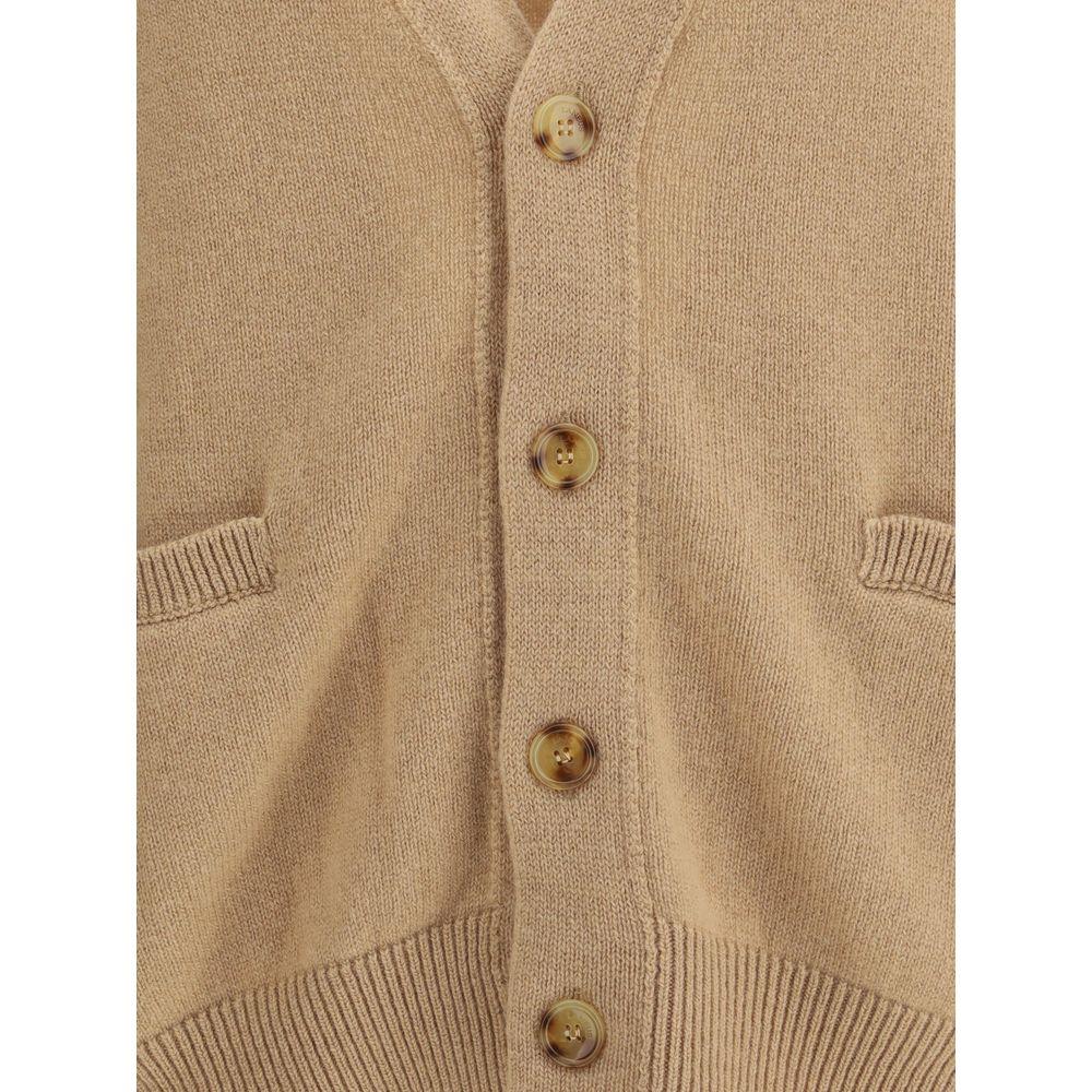 Close-up of Laneus Beige Merino Wool Cardigan with button closure and ribbed trim detailing.