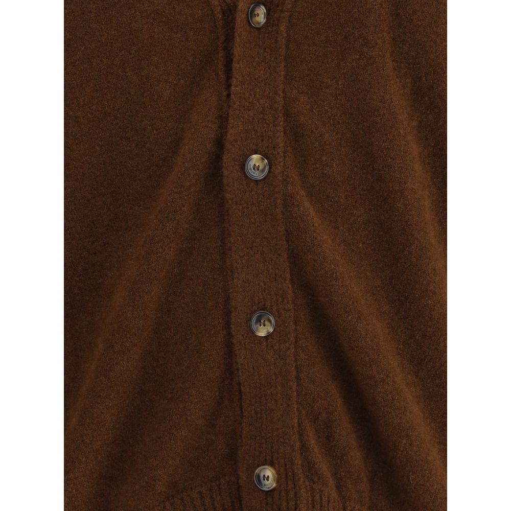 Laneus Brown Cashmere Cardigan with V-neck and button closure, showcasing ribbed hem detail for a stylish and relaxed oversized fit.