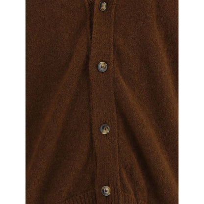 Laneus Brown Cashmere Cardigan with V-neck and button closure, showcasing ribbed hem detail for a stylish and relaxed oversized fit.