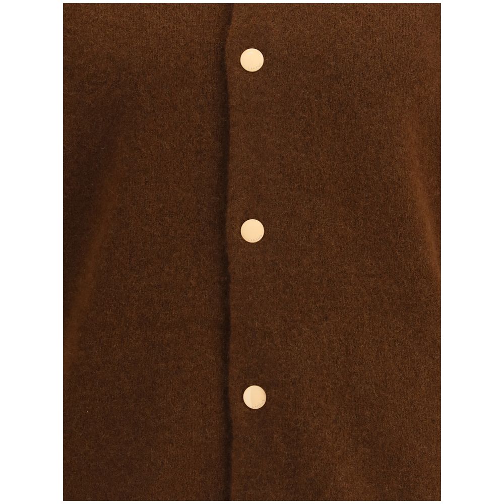 Front view of Laneus Brown Cashmere Bomber highlighting snap-button closure and fine wool material.