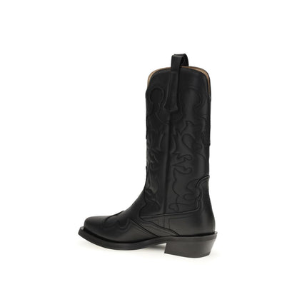 Ganni Black Recycled Leather Boots with embroidered details and mid-calf Western style, featuring low angled heel and pull tabs.