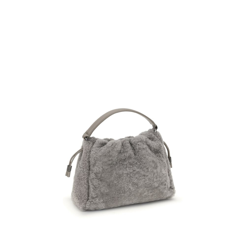 Brunello Cucinelli Gray Fur Shoulder Bag with drawstring closure and leather lining, elegant small bag featuring nickel-free metal details.
