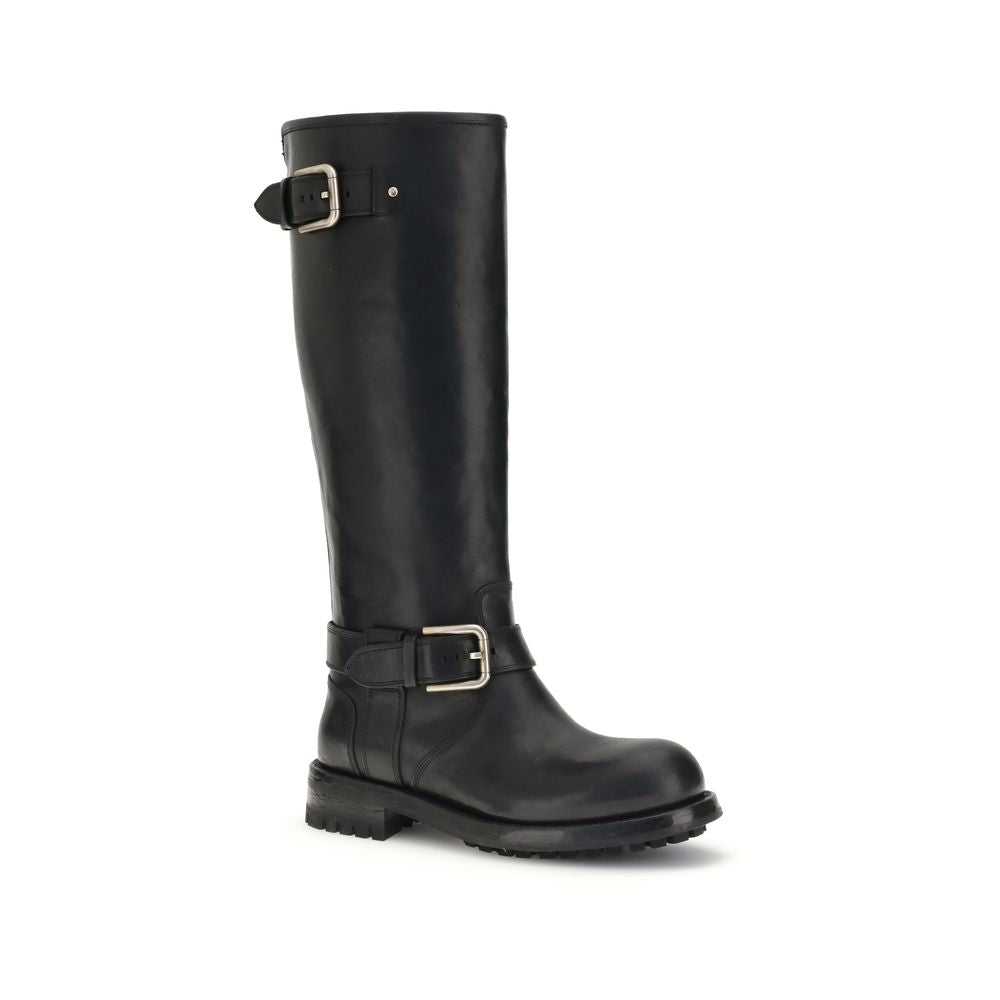Dolce & Gabbana Black Calf Leather Bos Taurus Lace-Up Boots with matte gold buckle and solid base.