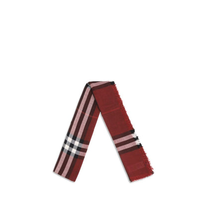 Burberry Red Wool Scarf with iconic check pattern in Oxblood and Post Red, lightweight wool-silk blend with fringed edges.