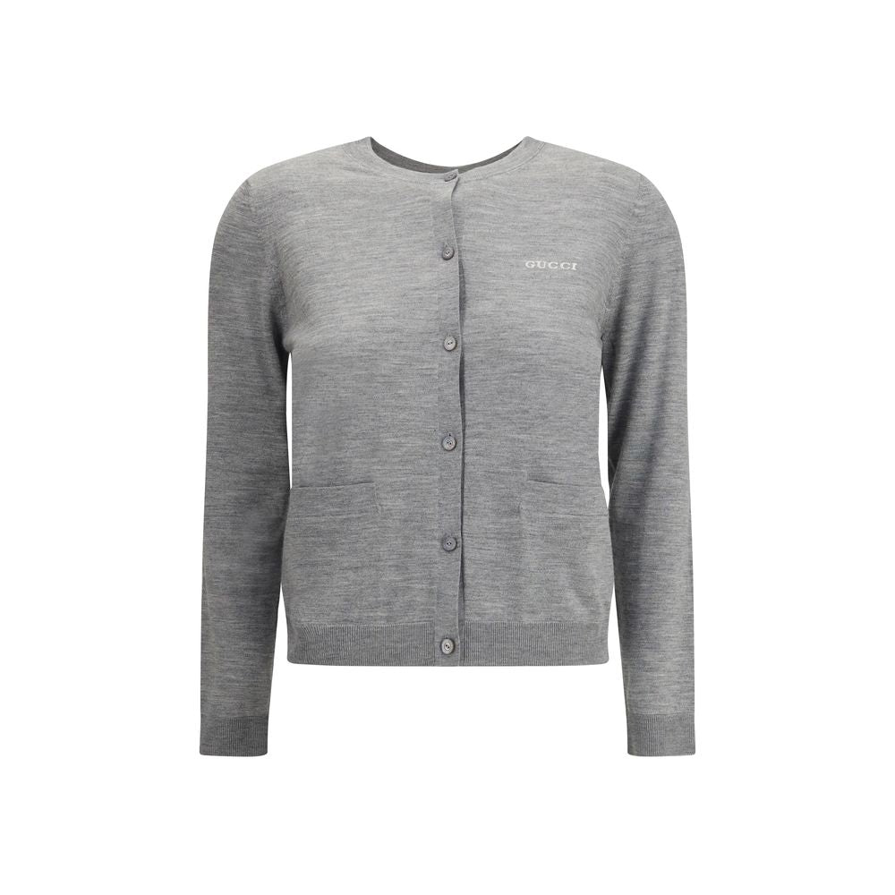 Gucci Gray Cashmere Cardigan featuring ribbed crew neck and patch pockets with iconic stitched signature, ideal for AW25 season