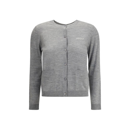 Gucci Gray Cashmere Cardigan featuring ribbed crew neck and patch pockets with iconic stitched signature, ideal for AW25 season