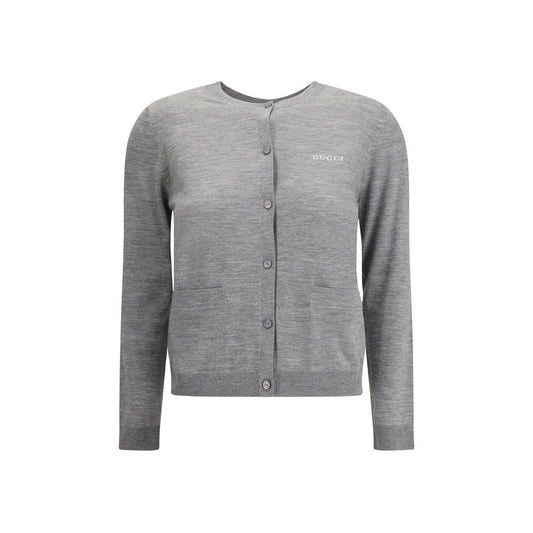 Gucci Gray Cashmere Cardigan featuring ribbed crew neck and patch pockets with iconic stitched signature, ideal for AW25 season