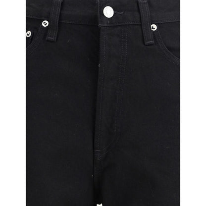 Close-up of Agolde Black Recycled Cotton High-Waisted Jean with button and pocket details, showcasing modern tailored design.