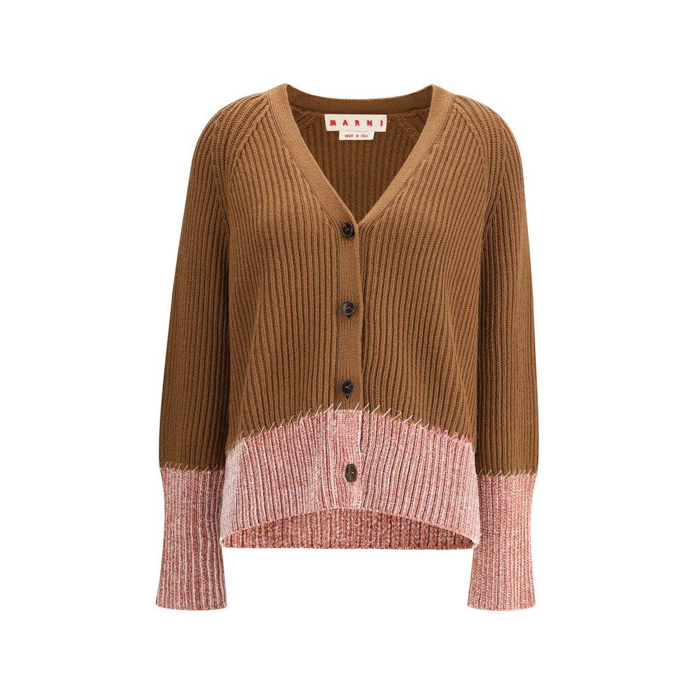 Marni Brown Viscose Cardigan with pink chenille underside and faux raw seams, handcrafted in Italy for both casual and formal wear.