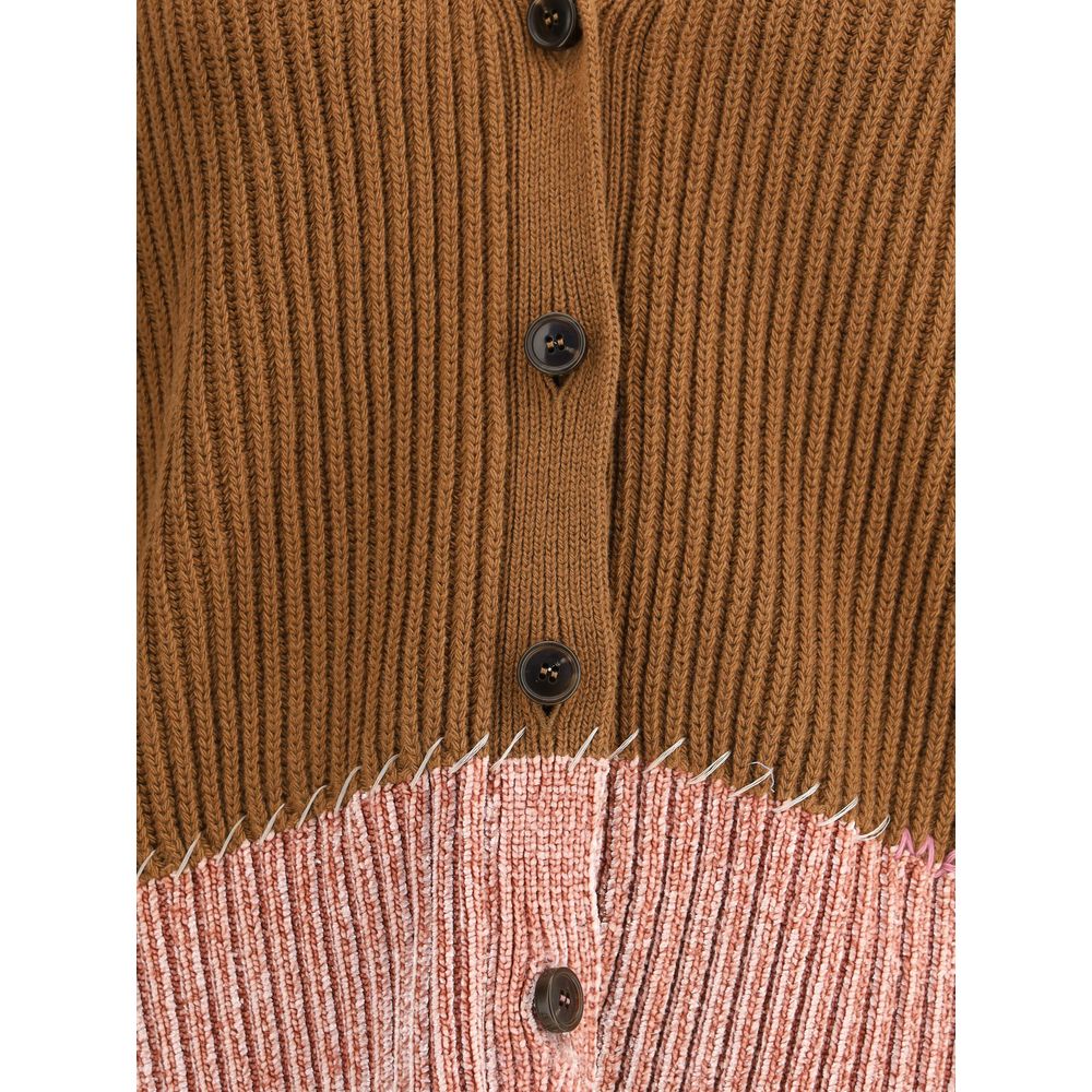 Marni Brown Viscose Cardigan with button detail, chenille underside in pink, faux raw seams, handcrafted in Italy, elegant design.