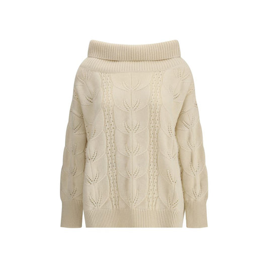 Ermanno Scervino Cream Cashmere Sweatshirt with perforated design and ribbed collar, cuffs, and hem, AW25 season.