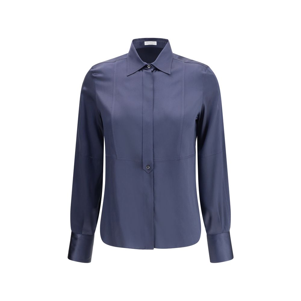 Brunello Cucinelli Blue Silk Blouse with satin elegance and monile embroidery