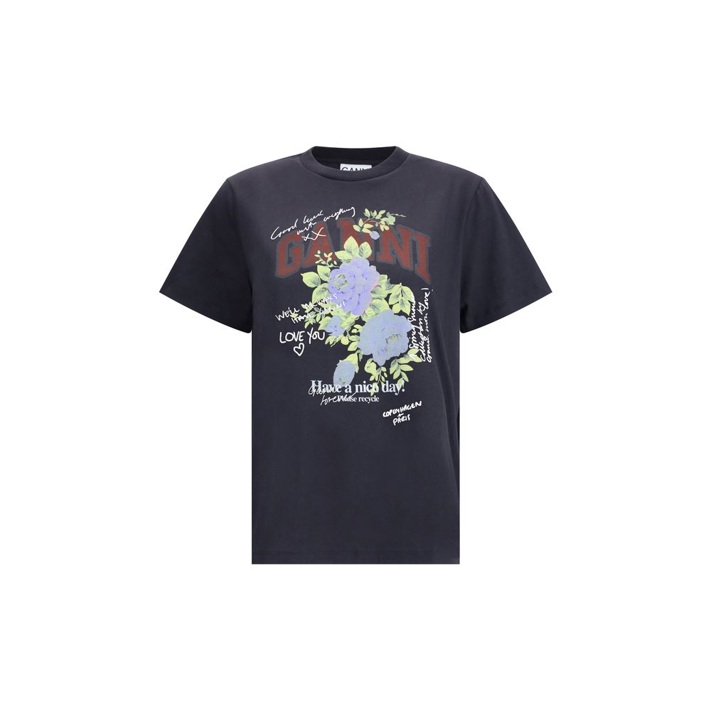 Ganni Black Cotton T-Shirt with rose print, GANNI logo, and sustainability message. Short sleeves and round neckline. 100% cotton, AW25 season.