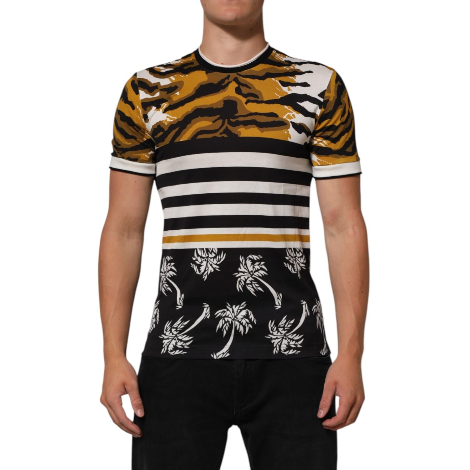 Dolce & Gabbana Multicolor Leopard Palm Leaf Men Crew Neck T-shirt