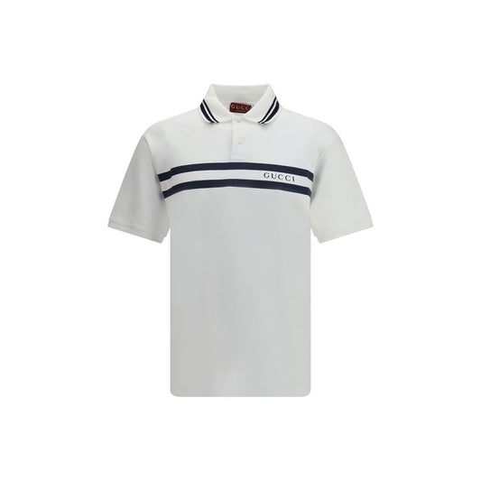 Gucci White Cotton Polo Shirt with striped print and centered logo, designed for a relaxed fit, part of AW25 collection, 95% cotton 5% elastane.