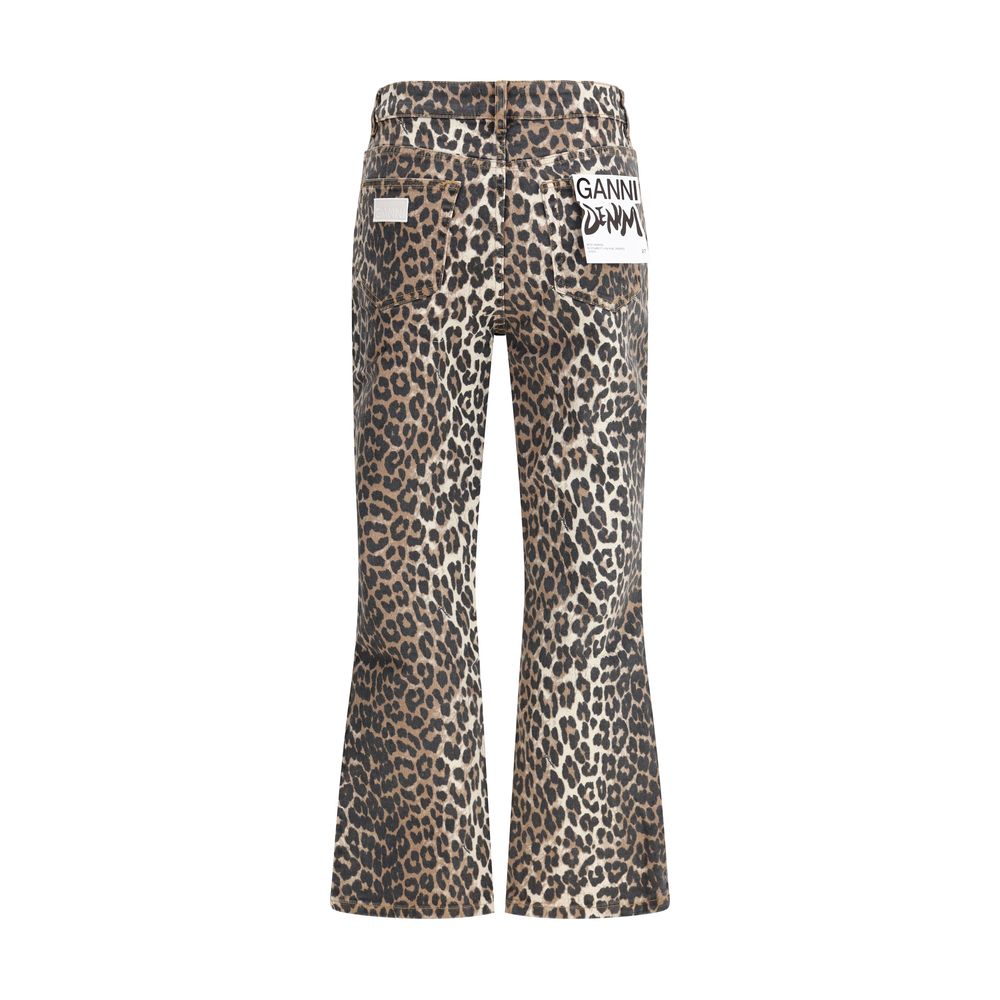 Ganni Multicolor Cotton Casual Pants with animal print, five-pocket flare, zipper and logo button closure, monogram patch on back pocket.