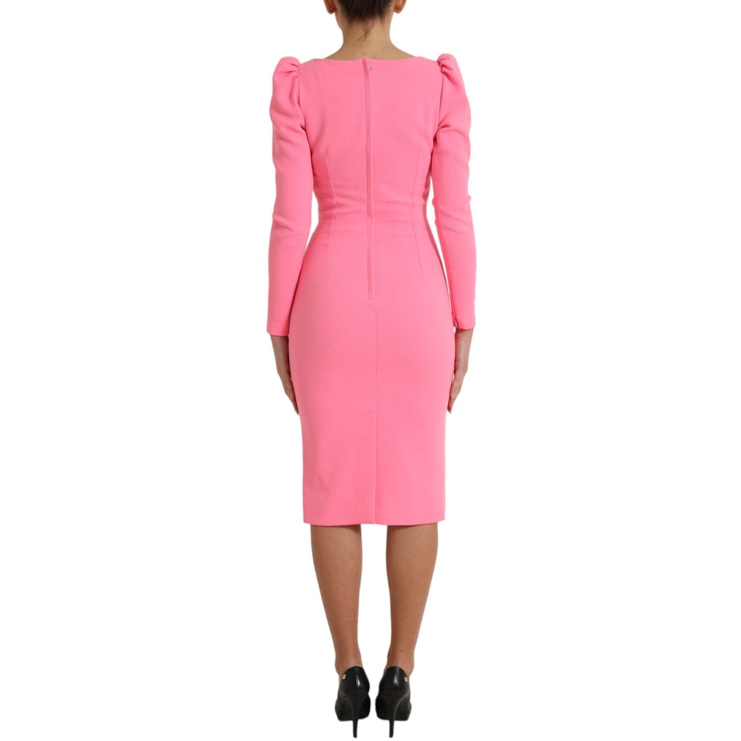 Dolce & Gabbana Pink Polyester Long Sleeves Sheath Midi Dress, back view highlighting sleek design and sophisticated fit.