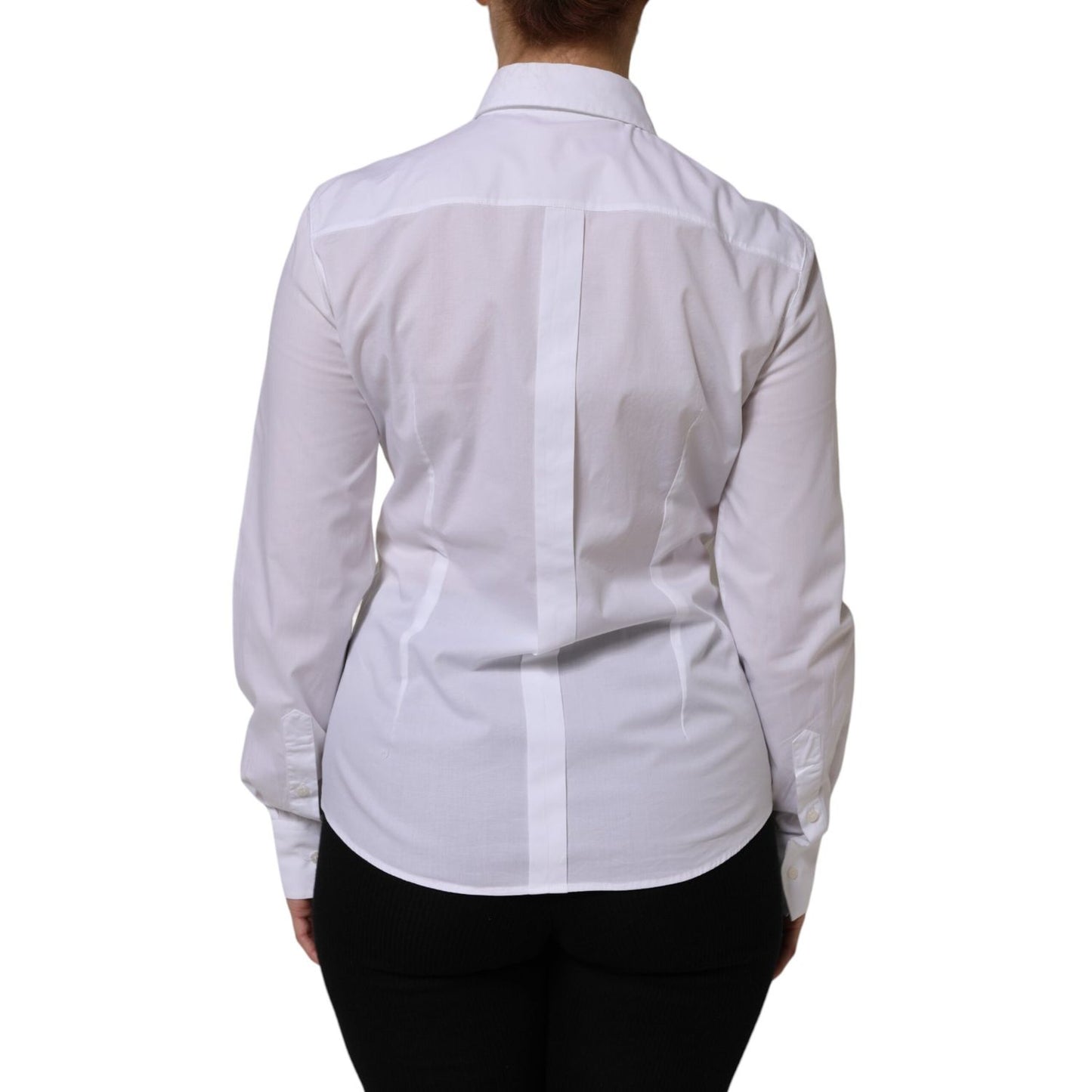 Back view of Dolce & Gabbana White Cotton Collared Dress Formal Shirt Top, showcasing sleek silhouette and elegant design.