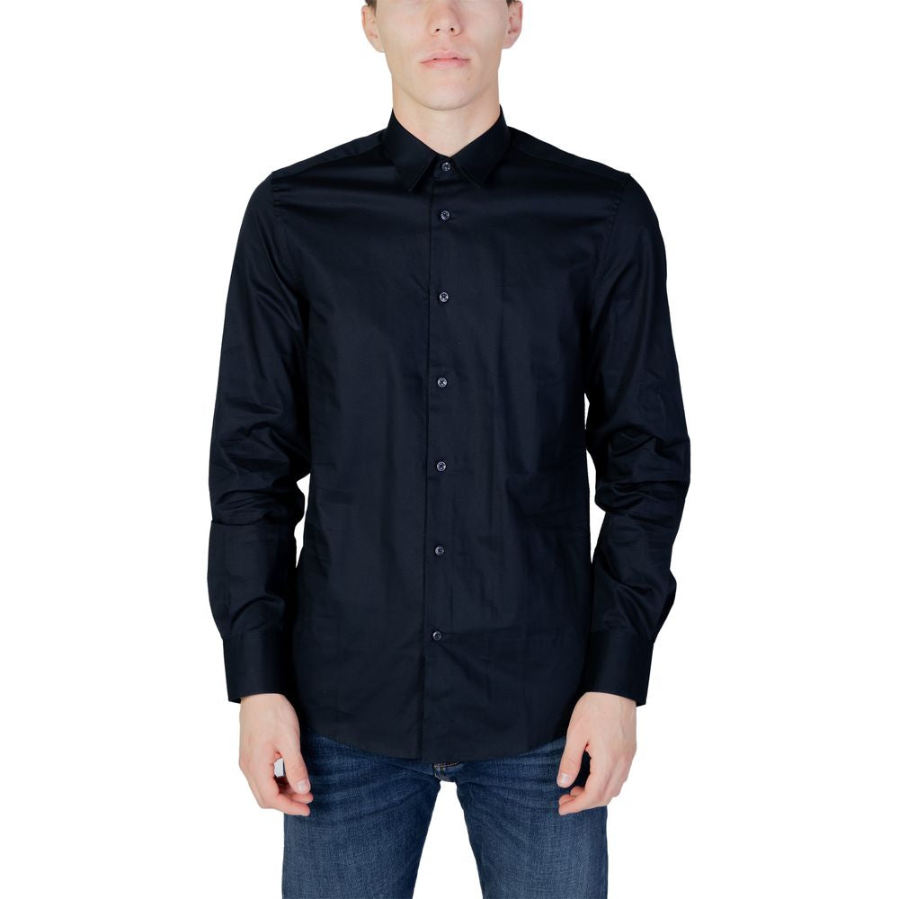Antony Morato Blue Cotton Shirt, slim fit with long sleeves and classic collar, worn by a model, showcasing contemporary style.