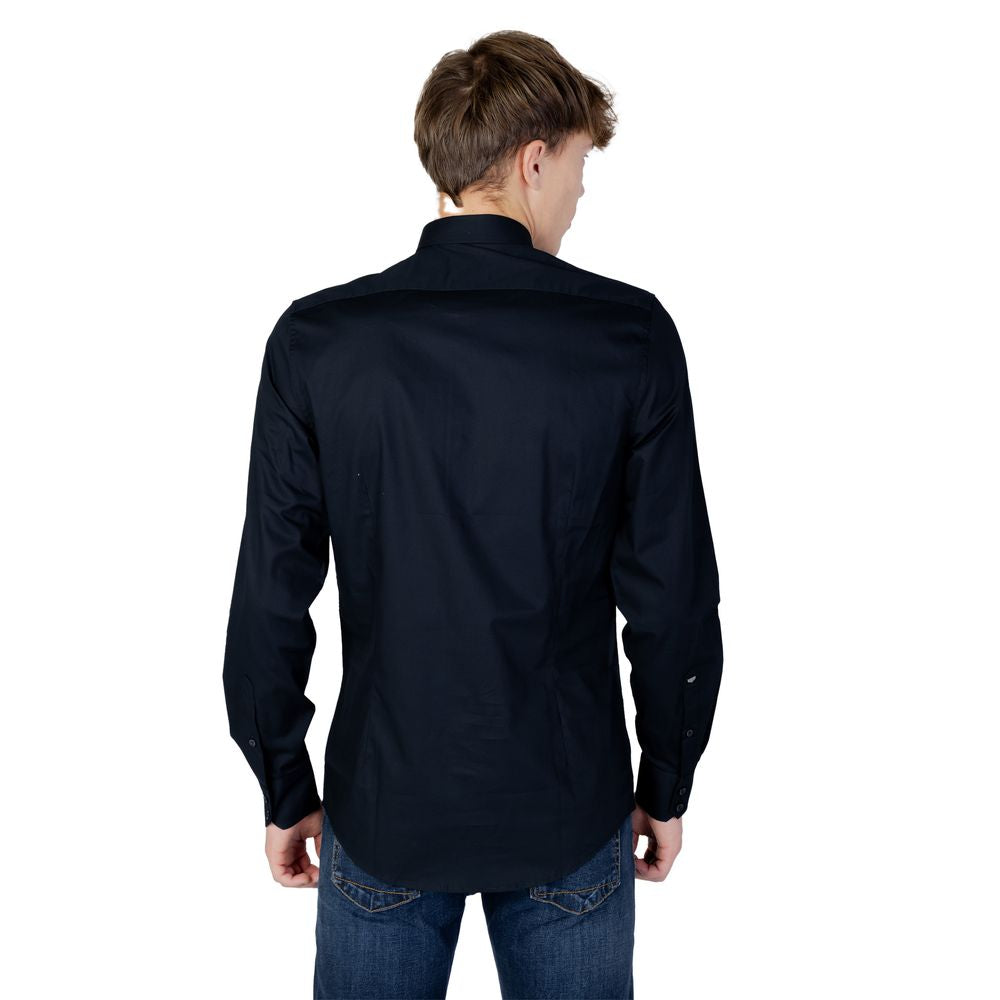 Back view of Antony Morato Blue Cotton Shirt on male model, highlighting slim fit and long sleeves for formal and casual style.