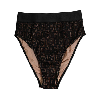 Dolce & Gabbana Black DG Logo Lace High Brief Panty Underwear with lace pattern and elastic waistband.