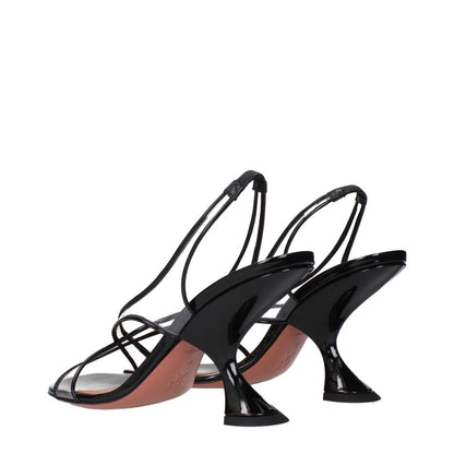 Amina Muaddi Black Leather Stiletto Heel Sandals with patent leather finish, unique heel design, viewed from the back.