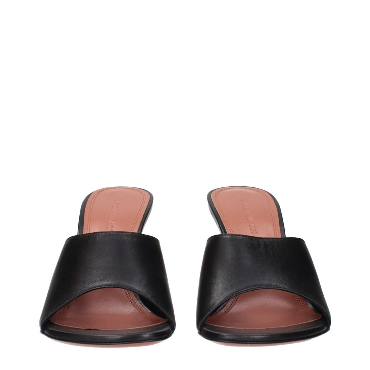 Amina Muaddi Black Leather Stiletto Heel Sandals featuring front view of elegant design in black leather.