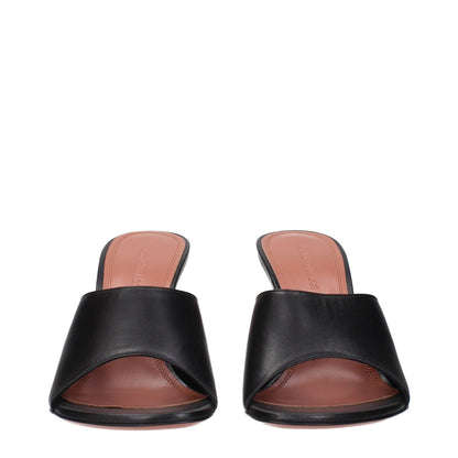 Amina Muaddi Black Leather Stiletto Heel Sandals featuring front view of elegant design in black leather.