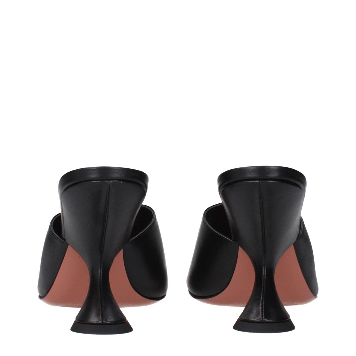 Amina Muaddi Black Leather Stiletto Heel Sandals rear view showcasing unique heel design and sleek leather finish.