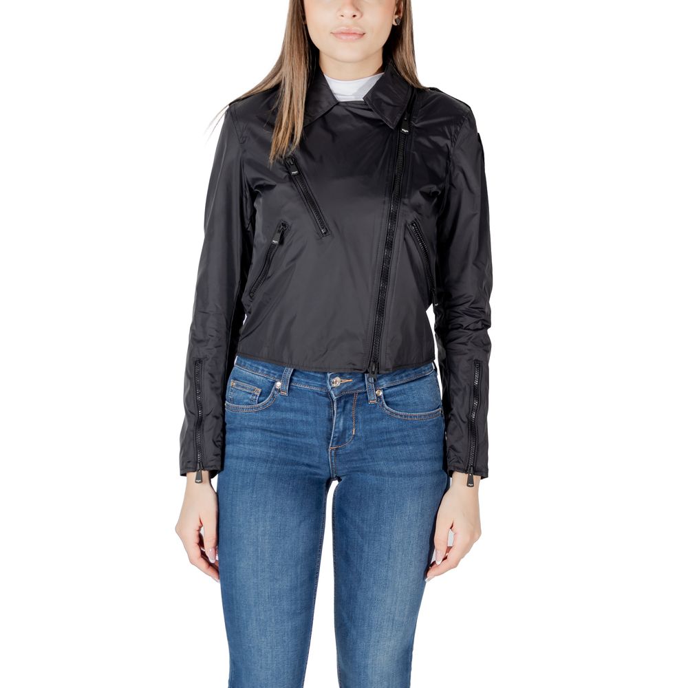 Woman wearing Blauer Black Polyamide Biker Jacket with side pockets and zip closure, perfect for a casual yet polished look.
