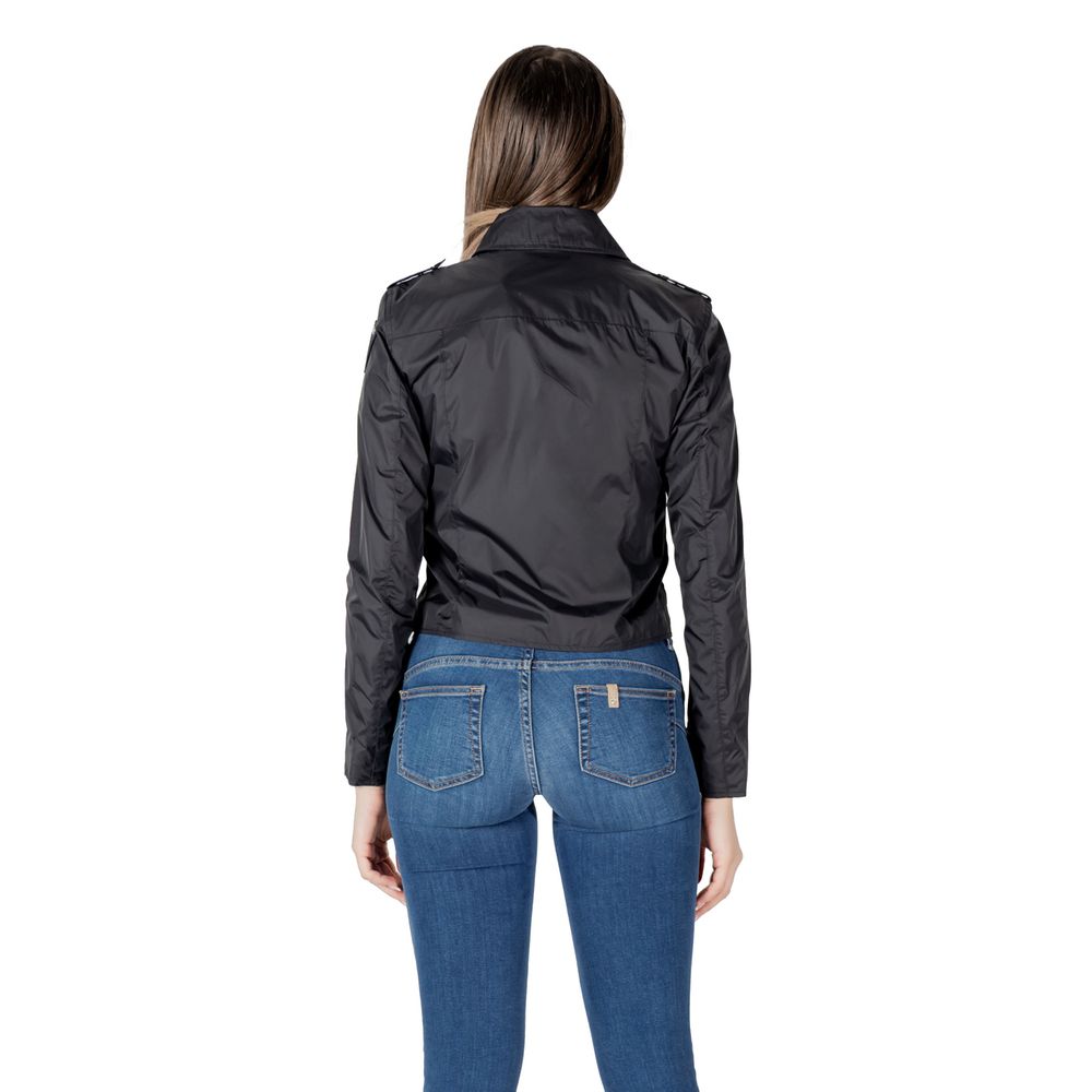 Back view of Blauer Black Polyamide Biker Jacket worn by a model with jeans.