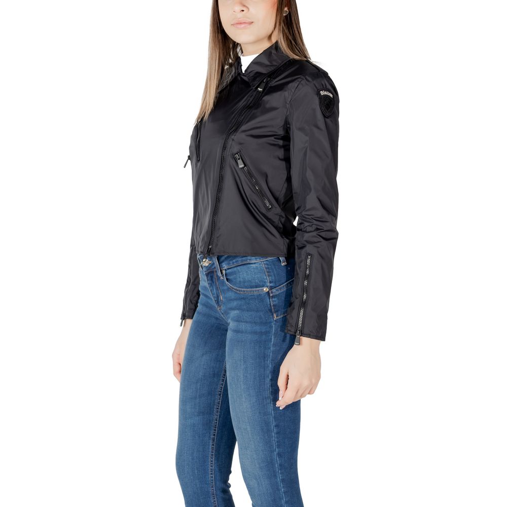 Blauer Black Polyamide Biker Jacket with side pockets and zip closure, featuring modern style for versatile spring and autumn wear.