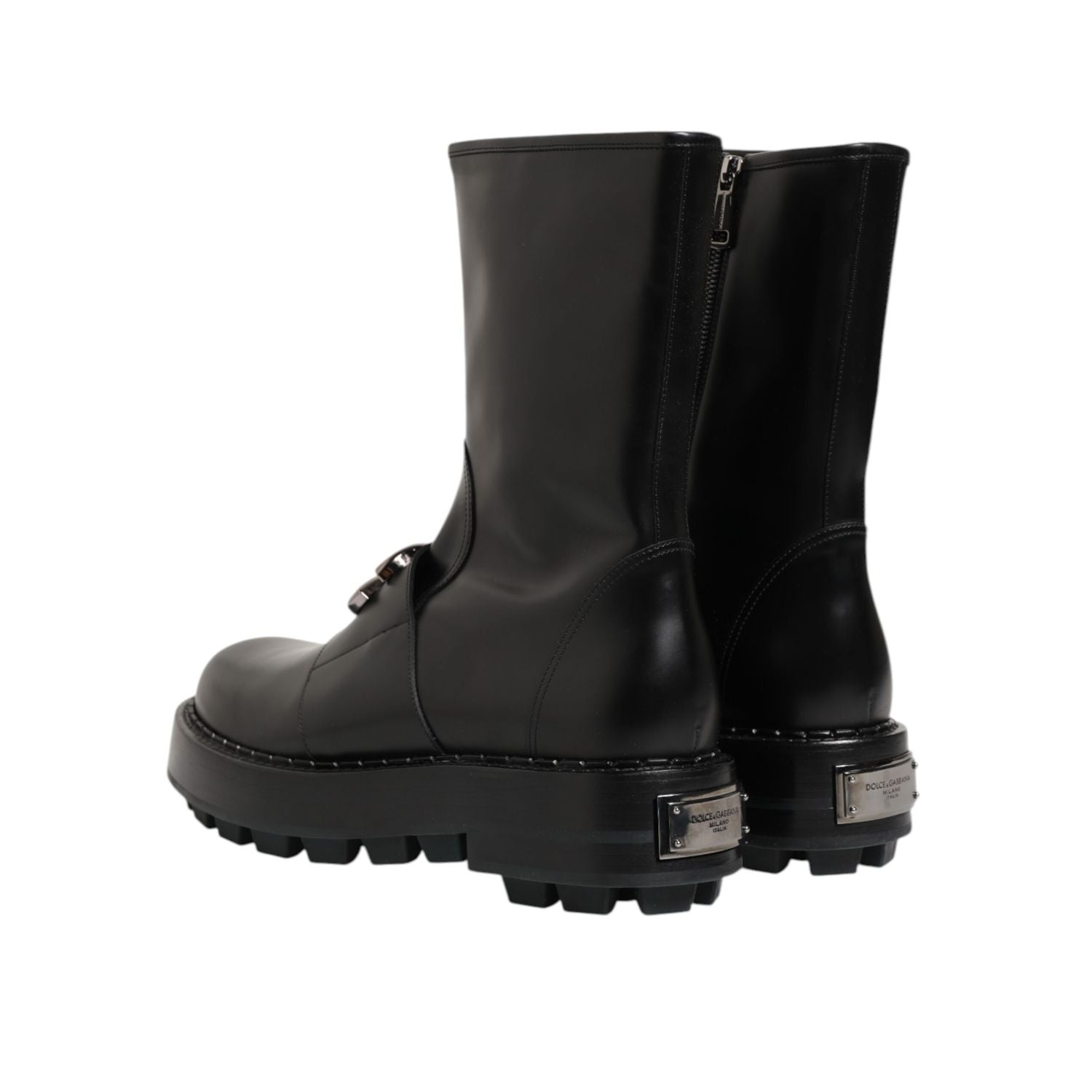 Dolce & Gabbana Black Logo Plaque Mid Calf Biker Boots Shoes