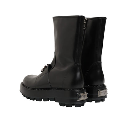 Dolce & Gabbana Black Logo Plaque Mid Calf Biker Boots Shoes