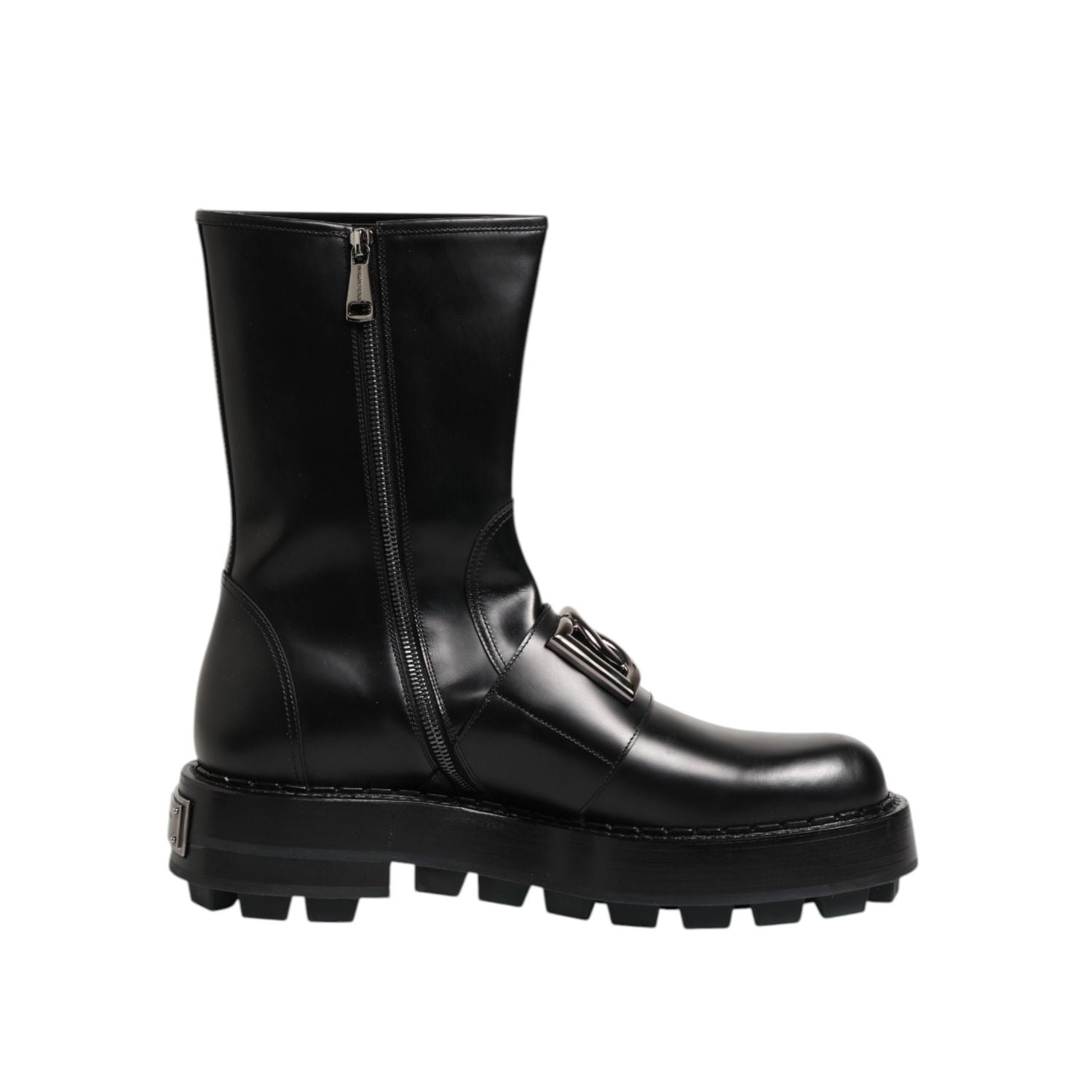 Dolce & Gabbana Black Logo Plaque Mid Calf Biker Boots Shoes