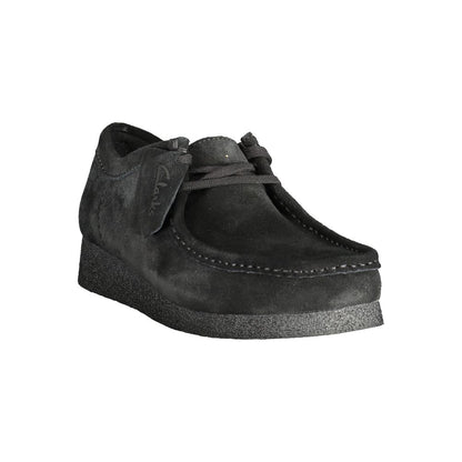 Clarks Black Leather Men Sneaker with suede finish and removable footbed for comfort, showcasing iconic Clarks logo and versatile street style.