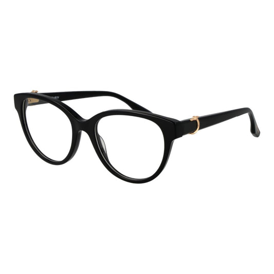 Trussardi Black Acetate Glasses (Frames) for women, full-rim butterfly style with demo lenses, spring hinge, black acetate material.