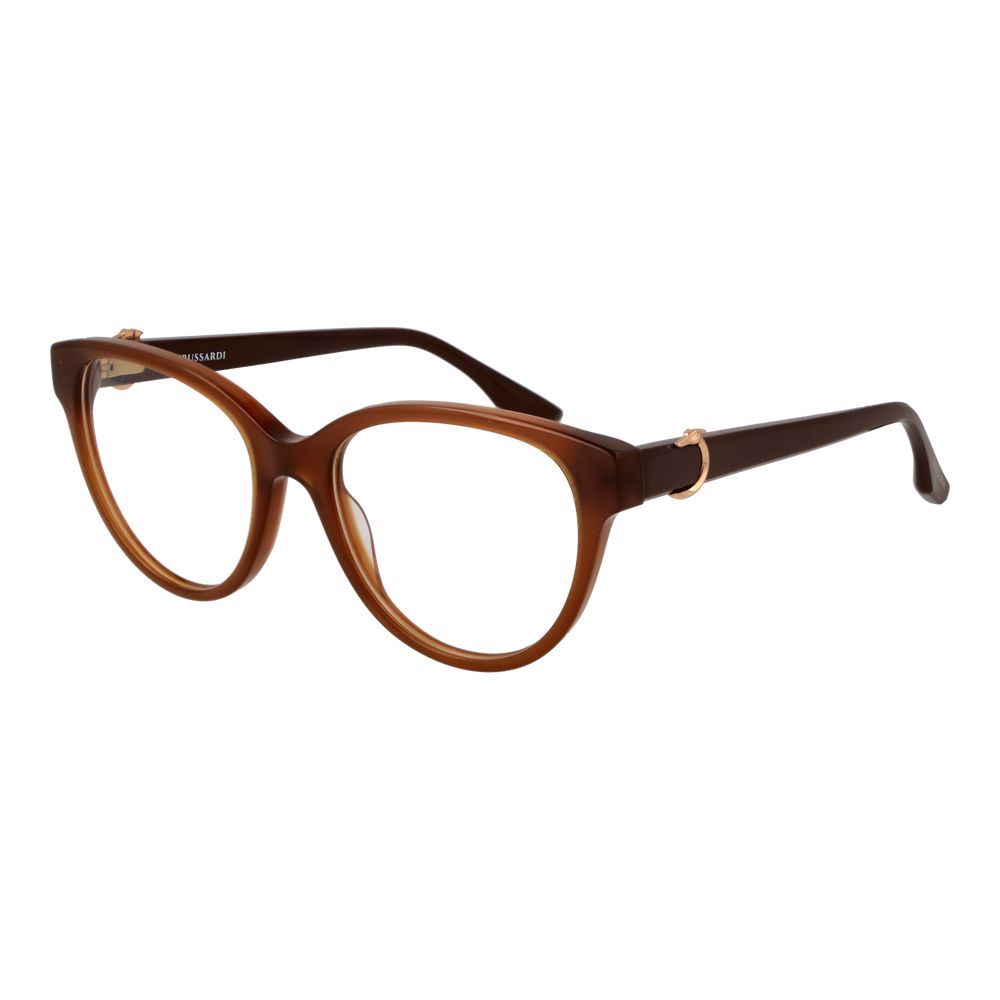 Trussardi Brown Acetate Glasses (Frames) for women with full-rim butterfly design, size 53-18-145, brown color, acetate material.