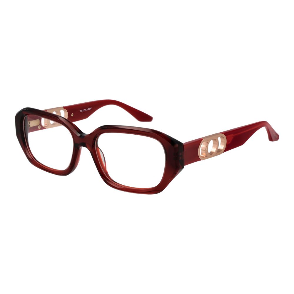 Trussardi Red Acetate Glasses (Frames) for women, full-rim rectangle style with demo lenses, size 52-17-145, includes branded case.