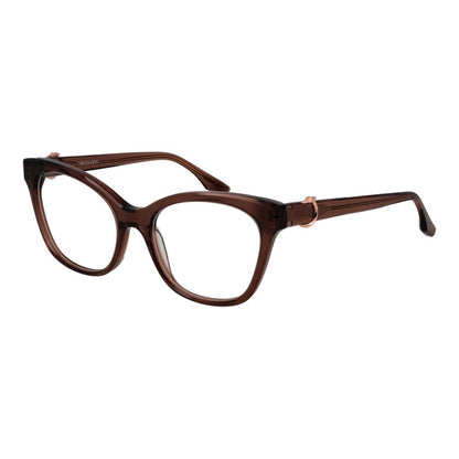 Trussardi Brown Acetate Glasses (Frames) for women, full-rim cat-eye style with demo plastic lenses and spring hinge, size 54-18-145.